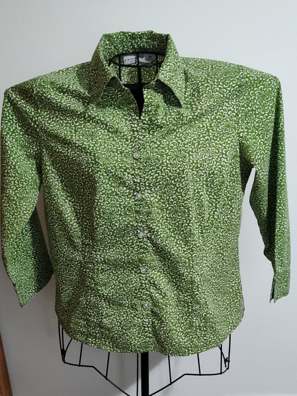 Kim Rogers Petites lime green & white patterned blouse, VG used condi., size PM